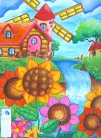 World of Colours Art Programme, Sunflower, Scenery, Waterfall, Houses, Windmill